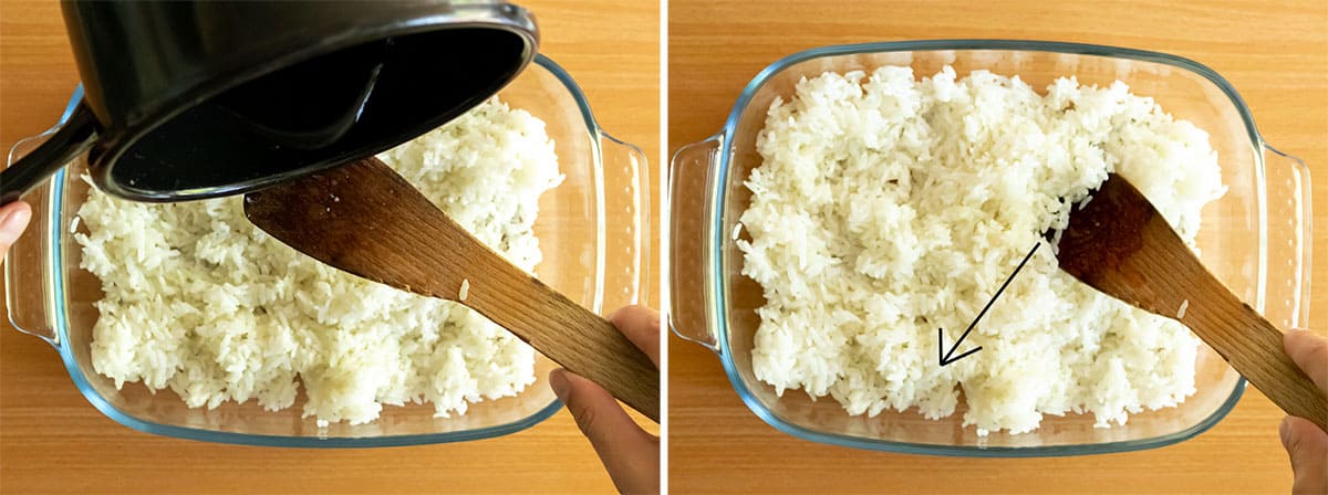 Sushi dressing aan sushi rijst toevoegen