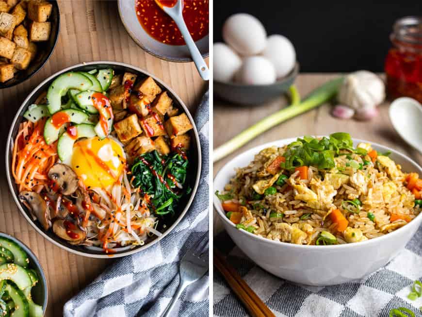 Bibimbap en gebakken rijst met ei